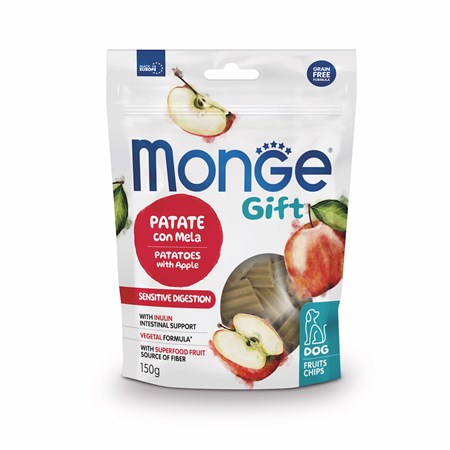 monge gift fruits chips sensitive digestion patate mela 150 gr snack per cani