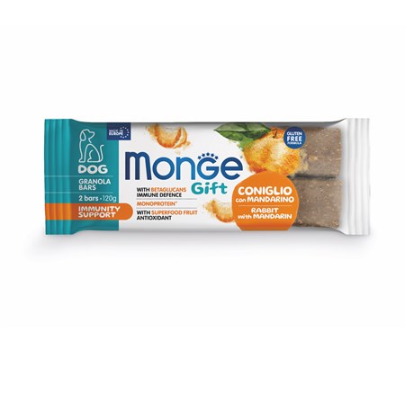 monge gift granola bars immunity coniglio mandarino 120 gr snack per cani