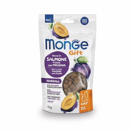 monge gift hairball salmone prugne 50 gr snack per gatti