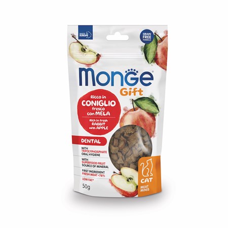 monge gift meat minis dental coniglio mela 50 gr snack per gatti