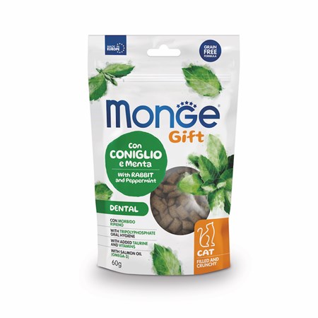 monge gift morbido ripieno dental coniglio menta 60 gr snack per gatti