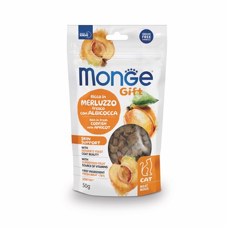 monge gift skin support merluzzo albicocca 50 gr snack per gatti
