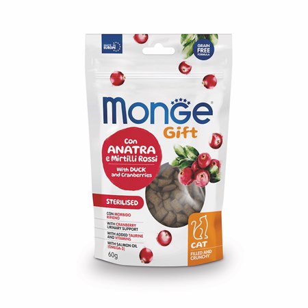 monge gift sterilised anatra mirtilli rossi 60 gr snack per gatti