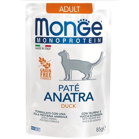 monge monoproteico grain free pate adult anatra 85 gr bustina per gatti