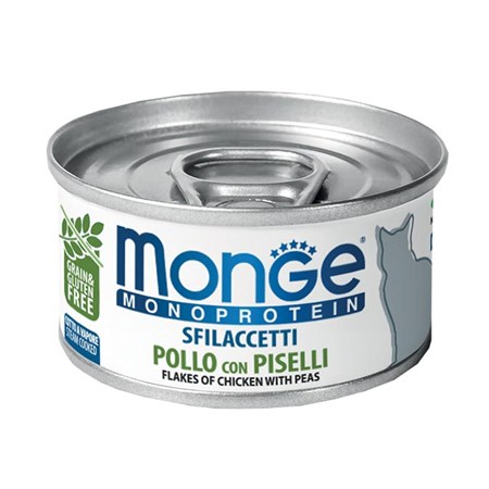 monge monoproteico sfilaccetti pollo e piselli 80 gr lattina per gatti