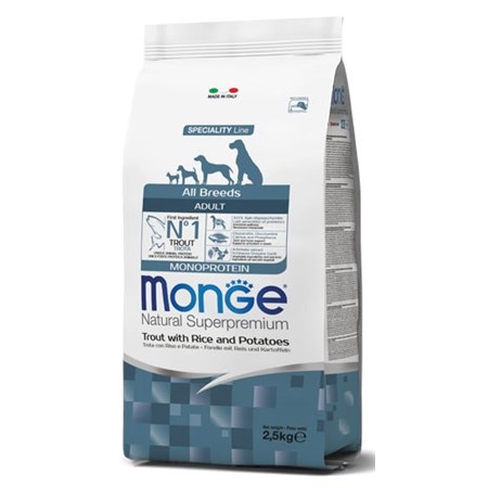 monge superpremium adult all breed monoproteico trota riso patate 2 5 kg cane