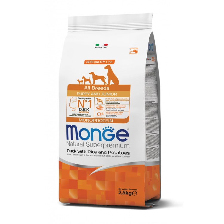 Monge Superpremium All Breed Puppy Junior Anatra Riso 12 kg Cane