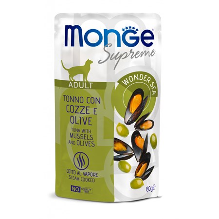 monge supreme adult tonno cozze olive 80 gr bustina gatto