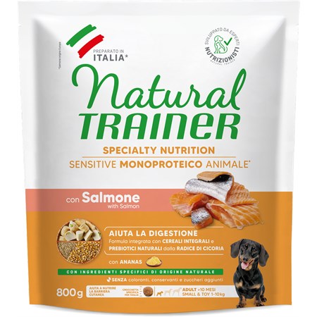 natural fitness trainer sensitive adult salmone e cereali integrali 800 gr per cani