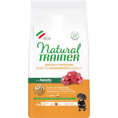 natural fitness trainer sensitive mini adult agnello e cereali integrali 2 kg per cani