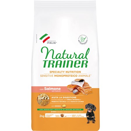 natural fitness trainer sensitive mini adult salmone e cereali integrali 2 kg per cani