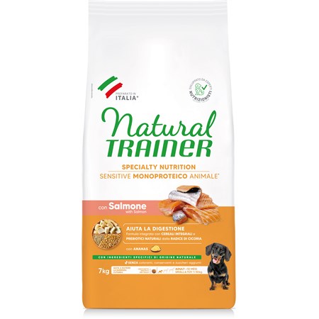 natural fitness trainer sensitive mini adult salmone e cereali integrali 7 kg per cani