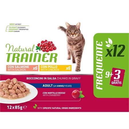natural trainer adult cat bocconcini multipack 12 bustine 85 gr 6 pollo 6 salmone umido gatti