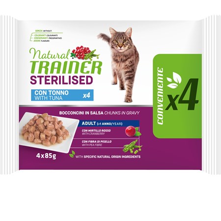 natural trainer adult cat bocconcini multipack 12 bustine 85 gr 6 pollo 6 salmone umido gatti