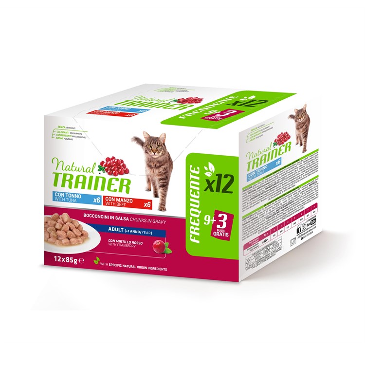 Natural Trainer Adult Cat Bocconcini Multipack 12 bustine 85 gr (6 Tonno + 6 Manzo) Umido Gatti