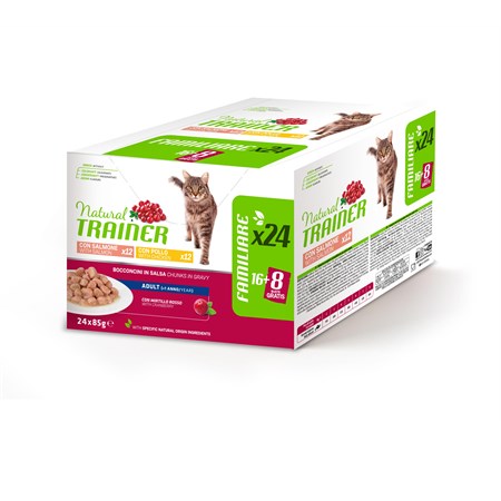 natural trainer adult cat bocconcini multipack 24 bustine 85 gr 12 pollo 12 salmone umido gatti