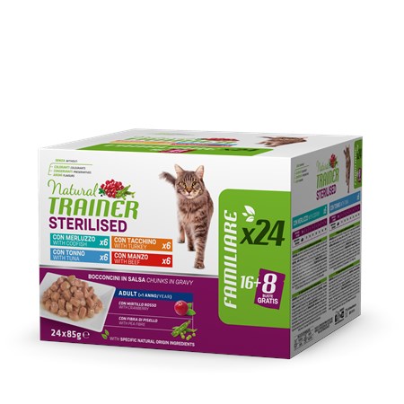 natural trainer adult cat bocconcini sterilised multipack 24 bustine 85 gr umido gatti