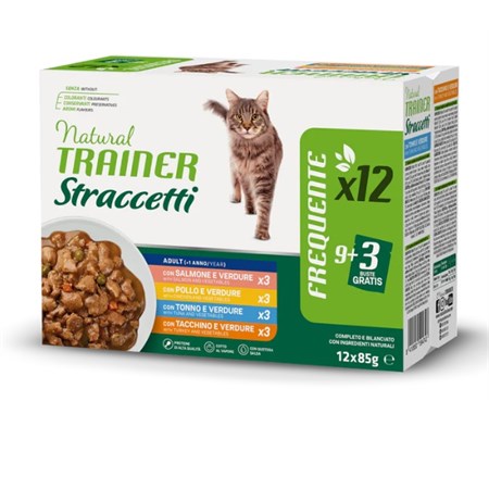 Natural Trainer Adult Straccetti Multipack 12 bustine 85 gr (Pollo, Tonno, Salmone, Tacchino) Umido Gatti in Gatti