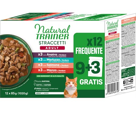 natural trainer adult straccetti multipack 12 bustine 85 gr manzo salmone anatra melurzzo umido gatti
