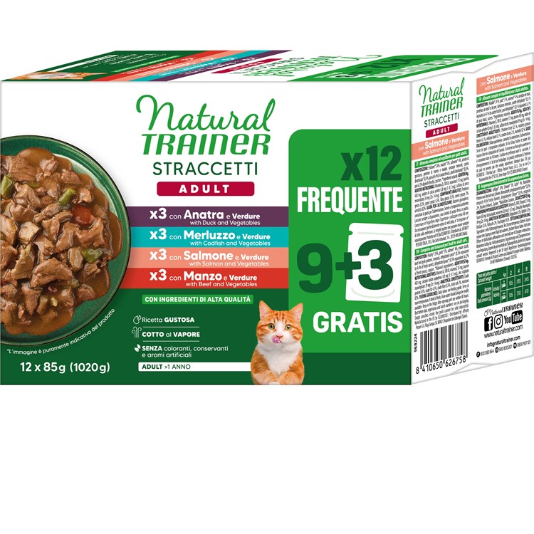 Natural Trainer Adult Straccetti Multipack 12 bustine 85 gr (Manzo, Salmone, Anatra, Melurzzo) Umido Gatti