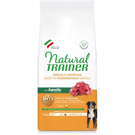 natural trainer fitness sensitive adult medium maxi no gluten agnello e cereali integrali 12 kg