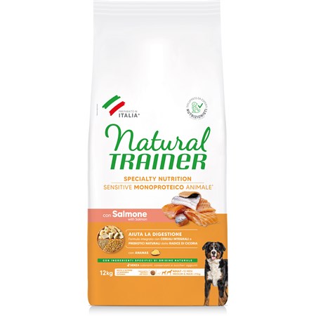 natural trainer fitness sensitive adult medium maxi no gluten salmone e cereali integrali 12 kg