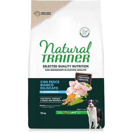 Natural Trainer Selected Quality Nutrition Cane Healthy Grain Medium/Maxi Pesce Bianco 10kg in Cani