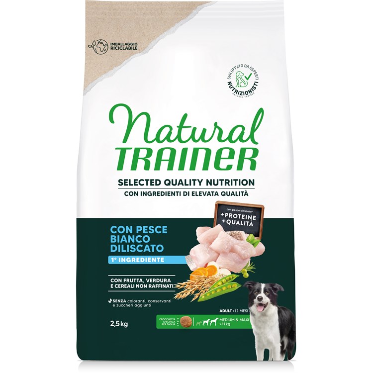 Natural Trainer Selected Quality Nutrition Cane Healthy Grain Medium/Maxi Pesce Bianco 2,5kg