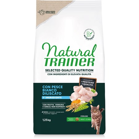 natural trainer selected quality nutrition gatto healthy grain sterilised pesce bianco 125kg