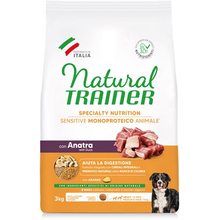 natural trainer sensitive adult medium maxi no gluten anatra cereali integrali 3 kg
