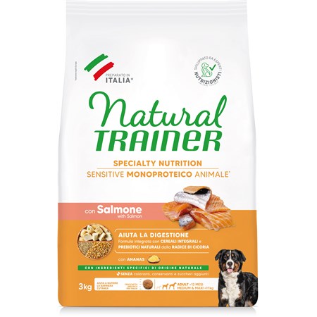 natural trainer sensitive adult medium maxi no gluten salmone cereali integrali 3 kg