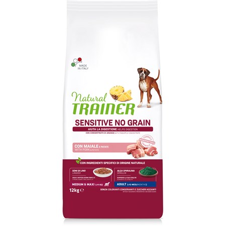 natural trainer sensitive no gluten adult medium maxi maiale e cereali integrali 12 kg