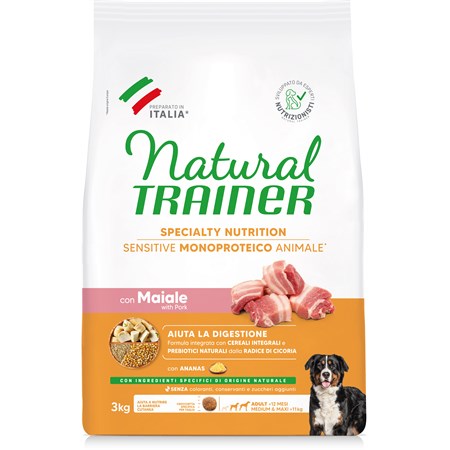 natural trainer sensitive no gluten adult medium maxi maiale e cereali integrali 3 kg