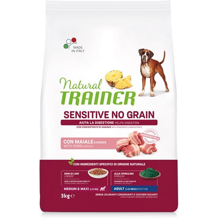 natural trainer sensitive no grain adult medium maxi maiale e patate 3 kg cane