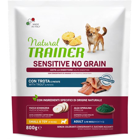 natural trainer sensitive no grain adult small toy trota e patate 800 gr cane