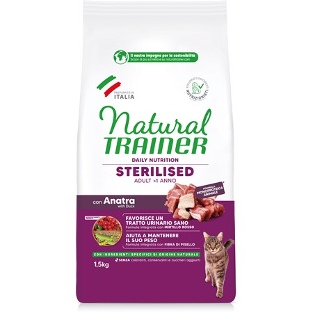 natural trainer sterilised anatra 1 5 kg crocchette per gatti sterilizzati