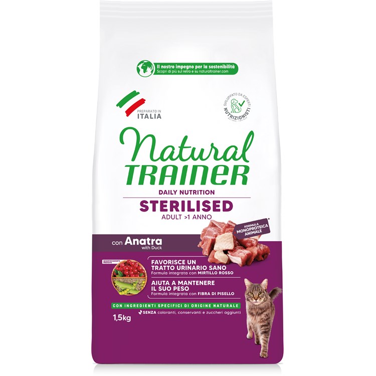 Natural Trainer Sterilised Anatra 1,5 Kg Crocchette Per Gatti Sterilizzati