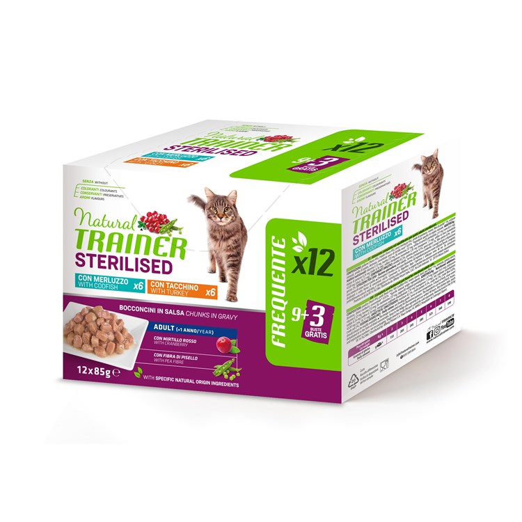 Natural Trainer Sterilised Cat Bocconcini Multipack 12 bustine 85 gr (6 Manzo + 6 Tonno) Umido Gatti