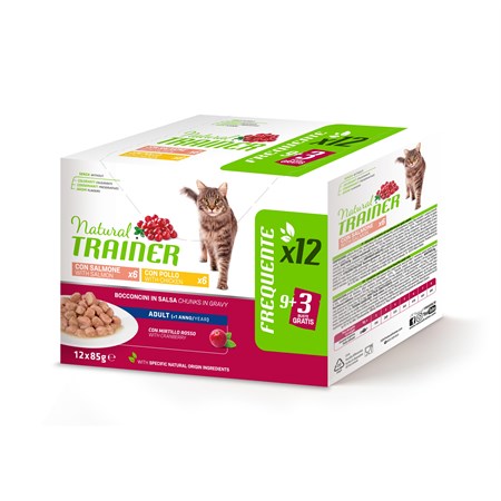 natural trainer sterilised cat bocconcini multipack 12 bustine 85 gr 6 merluzzo 6 tacchino umido gatti