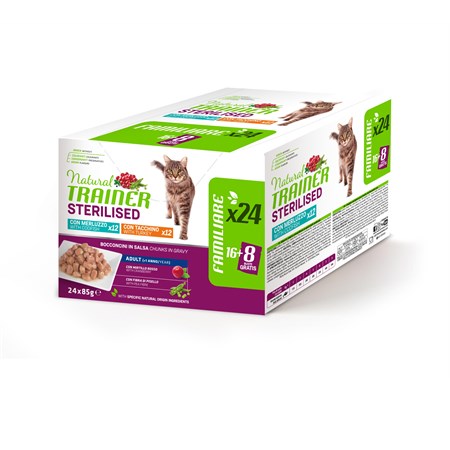 natural trainer sterilised cat bocconcini multipack 24 bustine 85 gr 12 merrluzzo 12 tacchino umido gatti