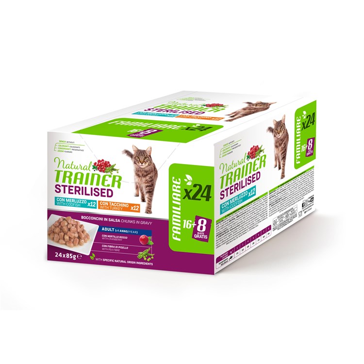 Natural Trainer Sterilised Cat Bocconcini Multipack 24 bustine 85 gr (12 Merluzzo + 12 Tacchino) Umido Gatti