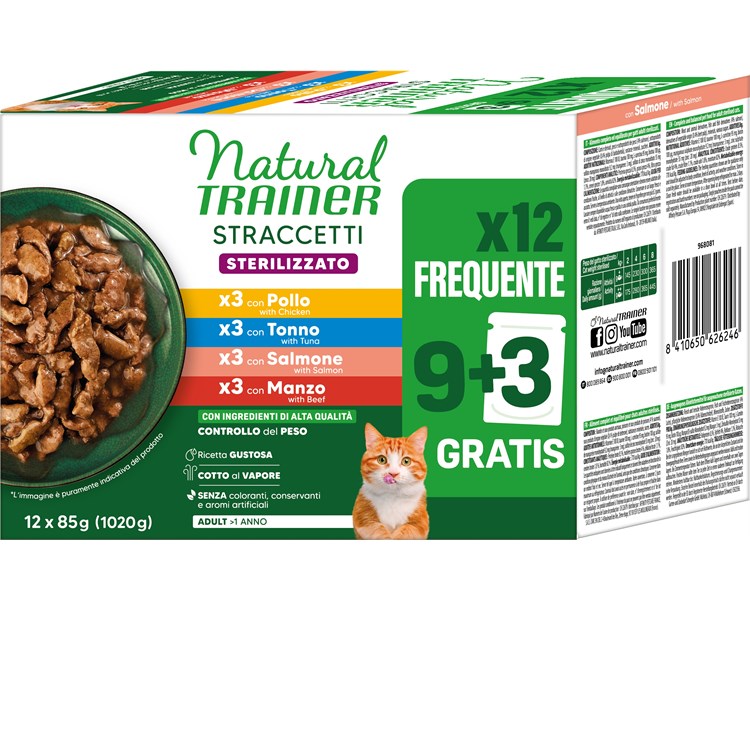 Natural Trainer Sterilised Straccetti Multipack 12 bustine 85 gr (Manzo, Salmone, Pollo, Tonno) Umido Gatti