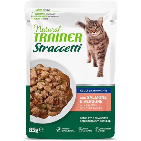 natural trainer straccetti adult salmone con verdure 85 gr bustina umido per gatti