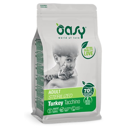 oasy cat adult sterilised tacchino 300 gr crocchette gatti