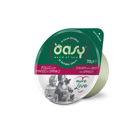 oasy more love green cup pollo con manzo e spinaci 70 gr umido gatto