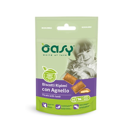 oasy snack biscotti ripieni con agnello 60 g per gatti