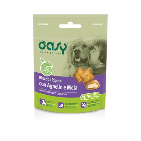 oasy snack biscotti ripieni con agnello e mela per cani 80 g
