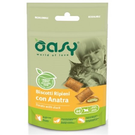 oasy snack biscotti ripieni con anatra 60 g per gatti