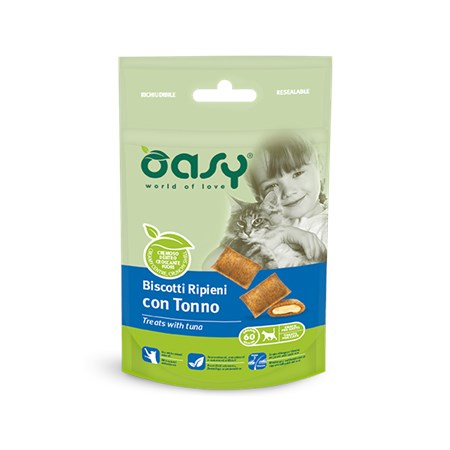 oasy snack biscotti ripieni con tonno 60 g per gatti