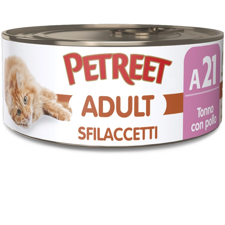 Petreet 70 gr Sfilaccetti di Pollo con Tonno Rosa A21 Scatolette Per Gatti